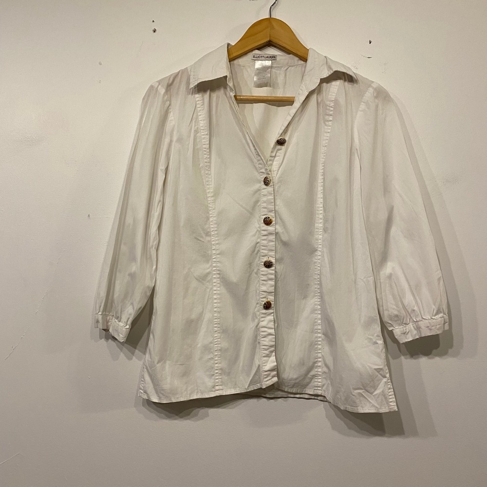 Elliott Lauren White Cotton Blend Button Down Shirt Leopard Buttons Size 4